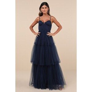 Lulus Unforgettable Poise Navy Blue Tulle Bustier Tiered Maxi Dress - Size S